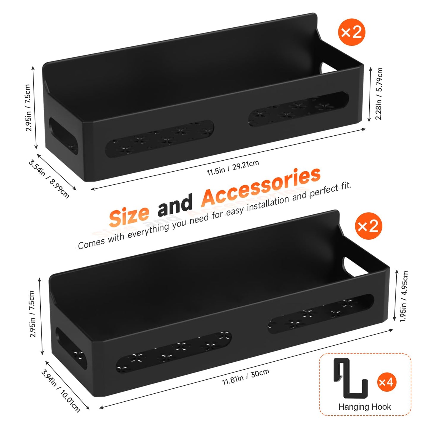 4 Pack Strong Magnetic Spice Rack for Refrigerator, Multipurpose Magnetic Shelf for Fridge with 4 Hooks for kitchen and Bathroom Organization, Black