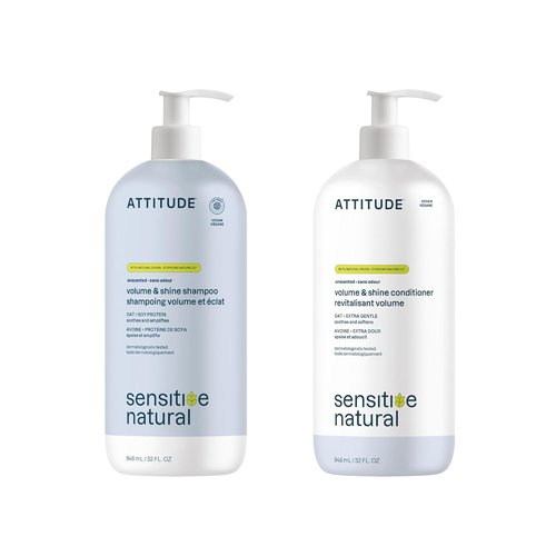 ATTITUDE Extra Gentle Volumizing Shampoo & Conditioner Bundle - Hypoallergenic, Vegan, Unscented, 32 Fl Oz