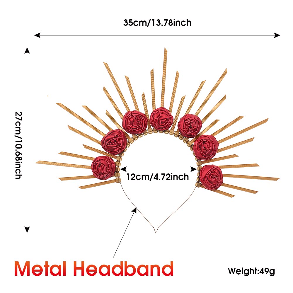 Bubbmi Women Mary Halo Crown Headband Goddess Sunburst Spiked Hair Band with Rose Flower Costume Party Cosplay Wedding Photoshoot Headpiece