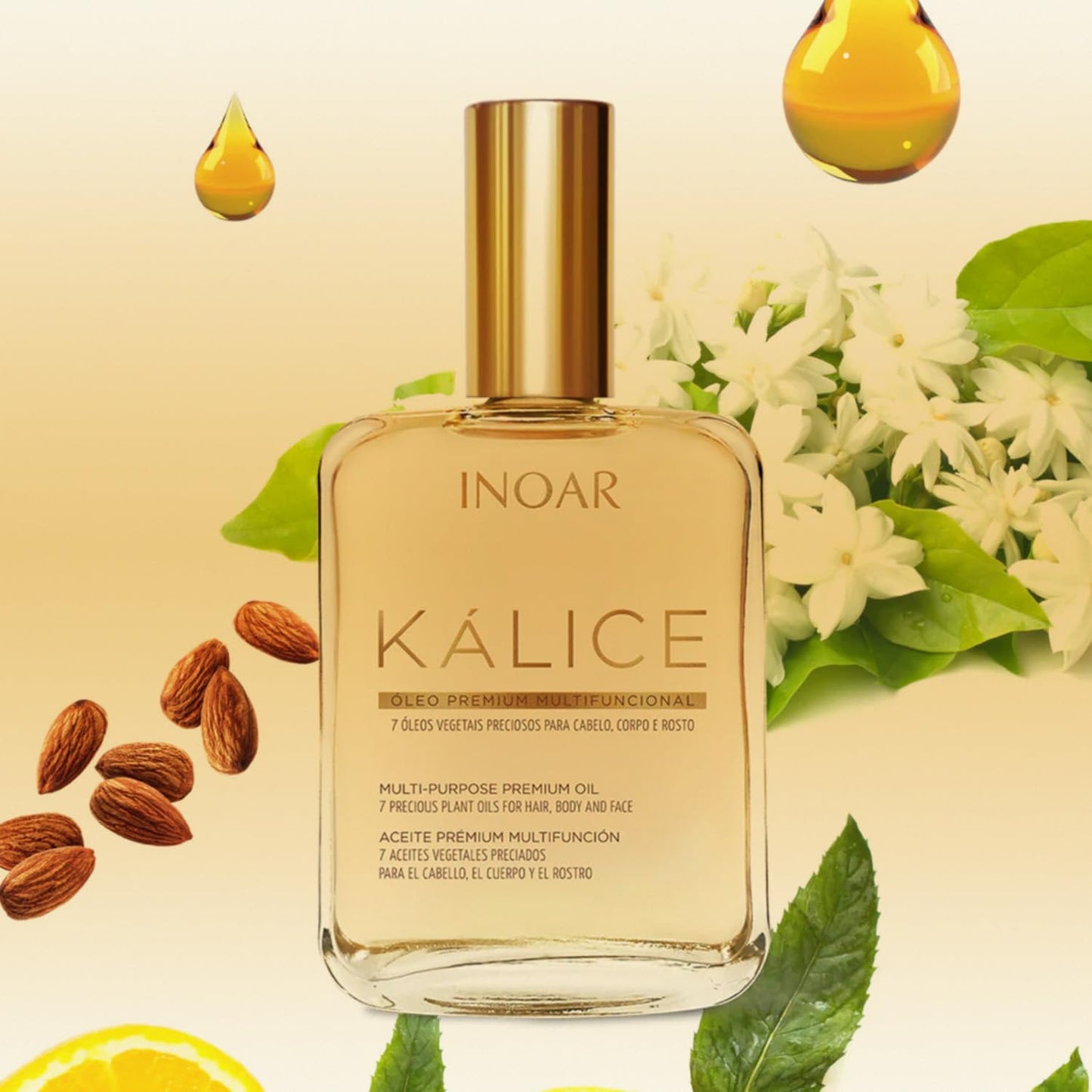 INOAR – Kalice Multifunctional Oil, 7 Essential Oils, Oil for Hair, Face, Body, Vitamin E, Argan Oil, Moisturizing, Nourishing, Vegan Hair Product, Cruelty Free Haircare for Men and Women (3.38 oz.)