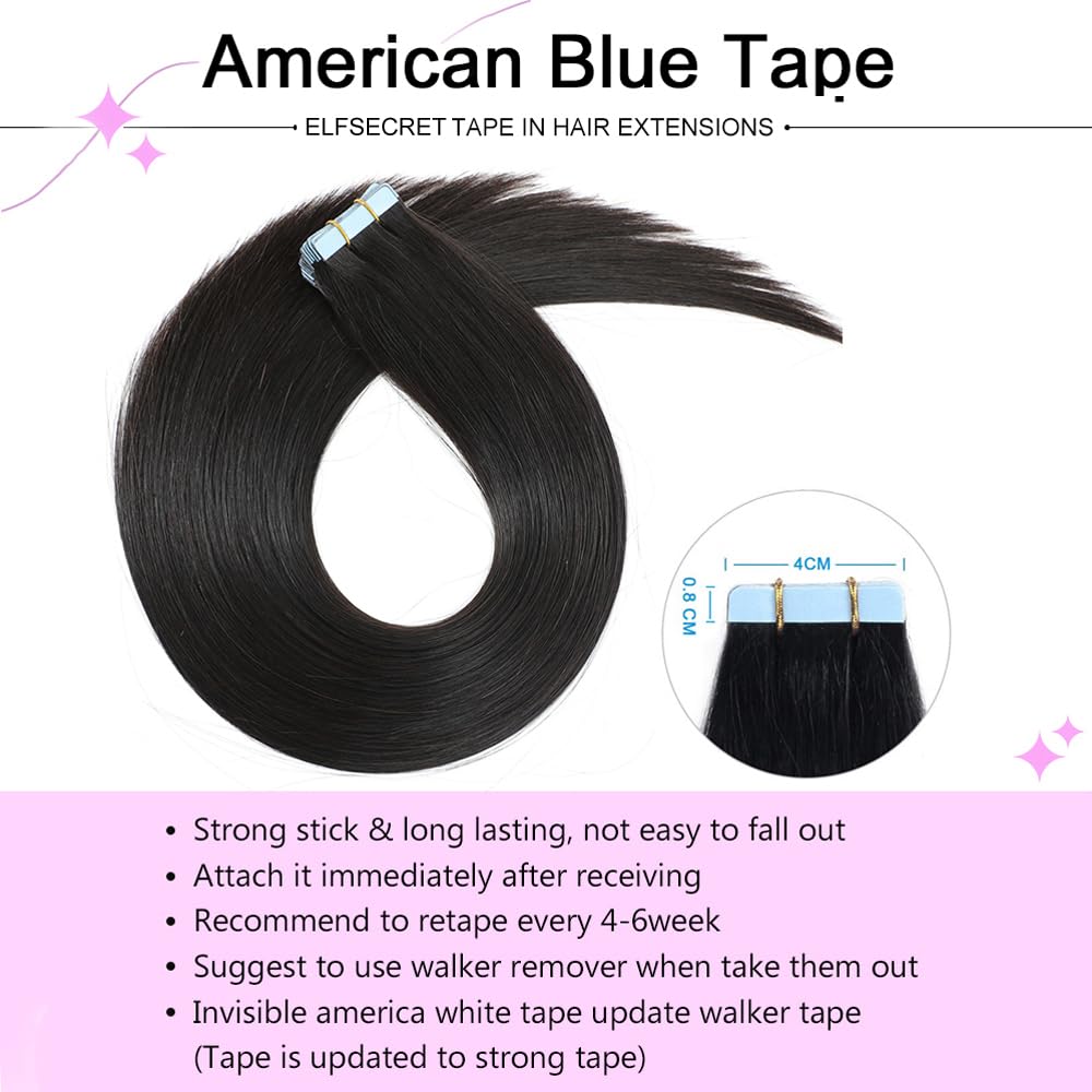 ELFSECRET Human Hair Tape In Hair Extensions Natural Black Color Seamless Invisible PU Skin Weft Tape in 100% Real Human Hair Silky Straight Hair Extensions Soft Thick End (18 Inch, #1B Natural Black)