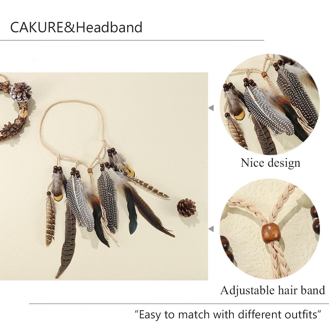 CAKURE Boho Feather Headbands Indian Peacock Headpiece Gypsy Hair Band Adjust Headdress Handmade Feather Hair Accessories (Set 9)