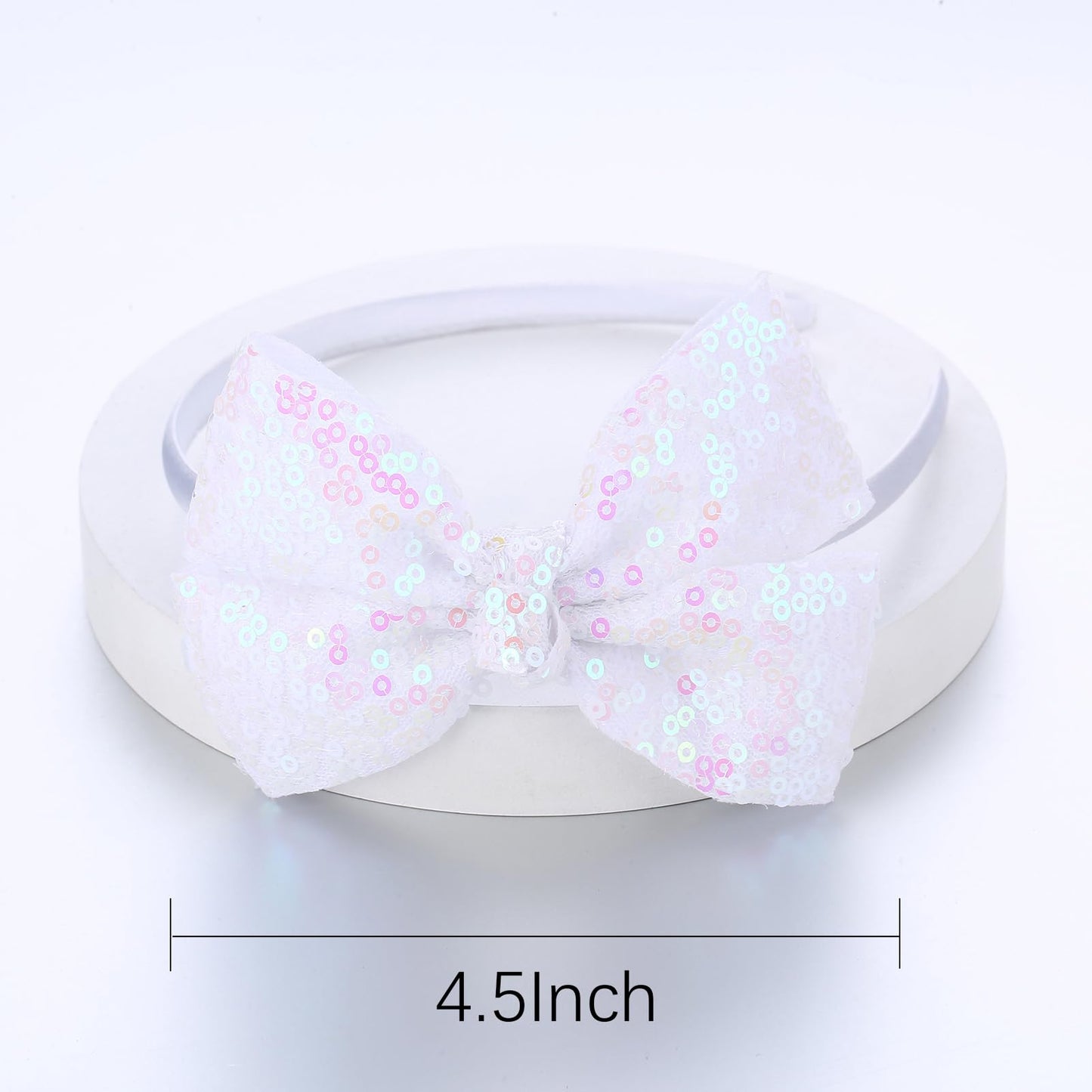 Kiszu Sparkly Sequin Hair Bow Headband for Girls, Kids, and Toddlers - Fashion Cute Boutique Style Hair Accessory - 1 Piece (White)