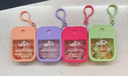 Wish Hand Sanitizer Spary Travel Size Spray 4-Piece 1.2 FL OZ (35ML) Each, Salted caramel, Coconut Cream, Dragonfruit, Golden Citrux, Hydrating and Moisturizing,(4 pack)