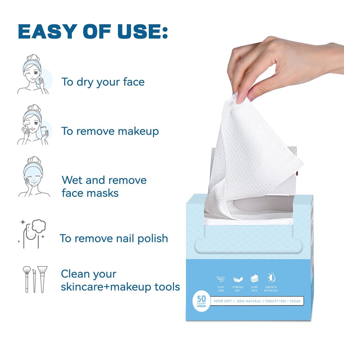 Face Towels, 10"×12" Disposable Face Towel, Face Towelettes XL, Ultra Soft Makeup Remover Dry Wipes, Thick Face Towel for Sensitive Skin, 50 Count (3 Pack)