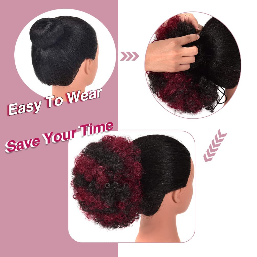 rosmile Afro Puff Drawstring Ponytail Extension for Black Women, Premium Black to Burgundy 80 Gram Short Synthetic Afro Puff Ponytail for Natural Hair, Clip on Kinky Drawstring Curly Ponytail Bun