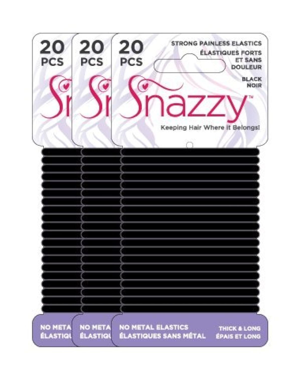 Snazzy Black Hair Bands Thick 60pcs Soft Painless No Damage Hair Elastics Ties 140mm in Length and 4mm in Width Strong Reuseable 3 Pack 20 per card