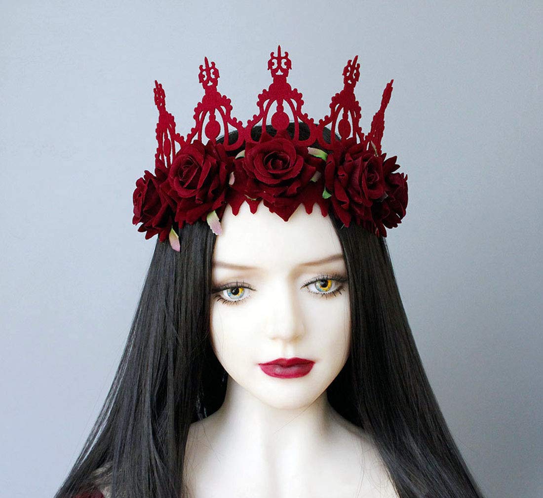 Love Sweety Halloween Vintage Crown Rose Headband Gothic Floral Headpiece (Velvet Red)