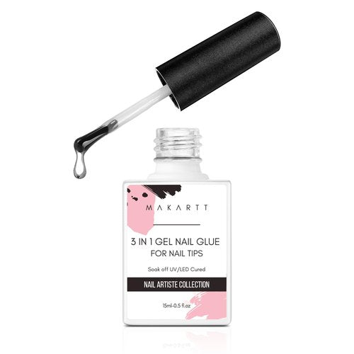 Makartt Gel Nail Glue: 3 in 1 Nail Glue for Acrylic Nails Extension Super Strong Adhesive Long Lasting Brush on Glues for Tips, Base Coat & Slip Solution, & Stick Rhinestone, Curing Needed, 15ml