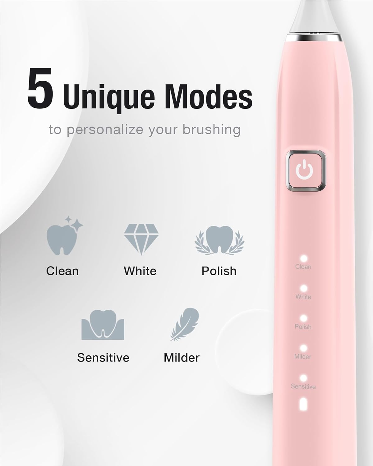 7AM2M Sonic Electric Toothbrush - 6 Brush Heads, 120-Day Battery, 5 Modes, Smart Timer | Pink