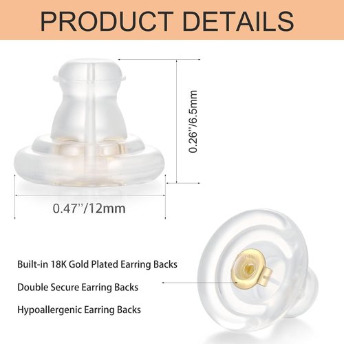 18K Gold Silicone Earring Backs by Skiennix - Hypoallergenic Replacement for Studs | 6 Pcs
