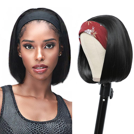 Straight Bob Headband Wig Human Hair None Lace Wigs for Black Women Glueless Short 100% Brazilian Virgin Head Band Easy to Install Half with Free