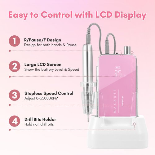 Makartt Nail Drill Professional, 35,000RPM Rechargeable Electric Nail File for Acrylic & Gel Removal, 60W Brushless Motor, 2-in-1 Desktop & Portable, LCD Display, for Home & Salon Use, Nouvella Pink