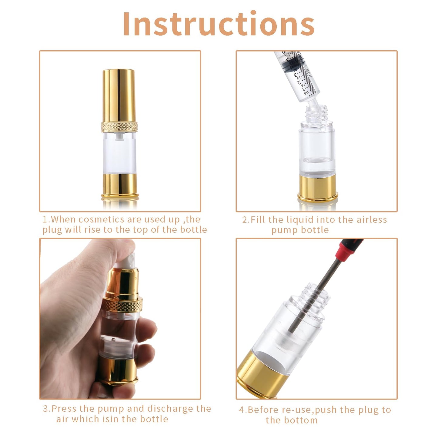 XQNCBY golden airless pump bottle with travel bag set with labels empty refillable cosmetic pump travel size containers hair oil, lotion and other liquids 5ml 10ml 15g(12 Packs)