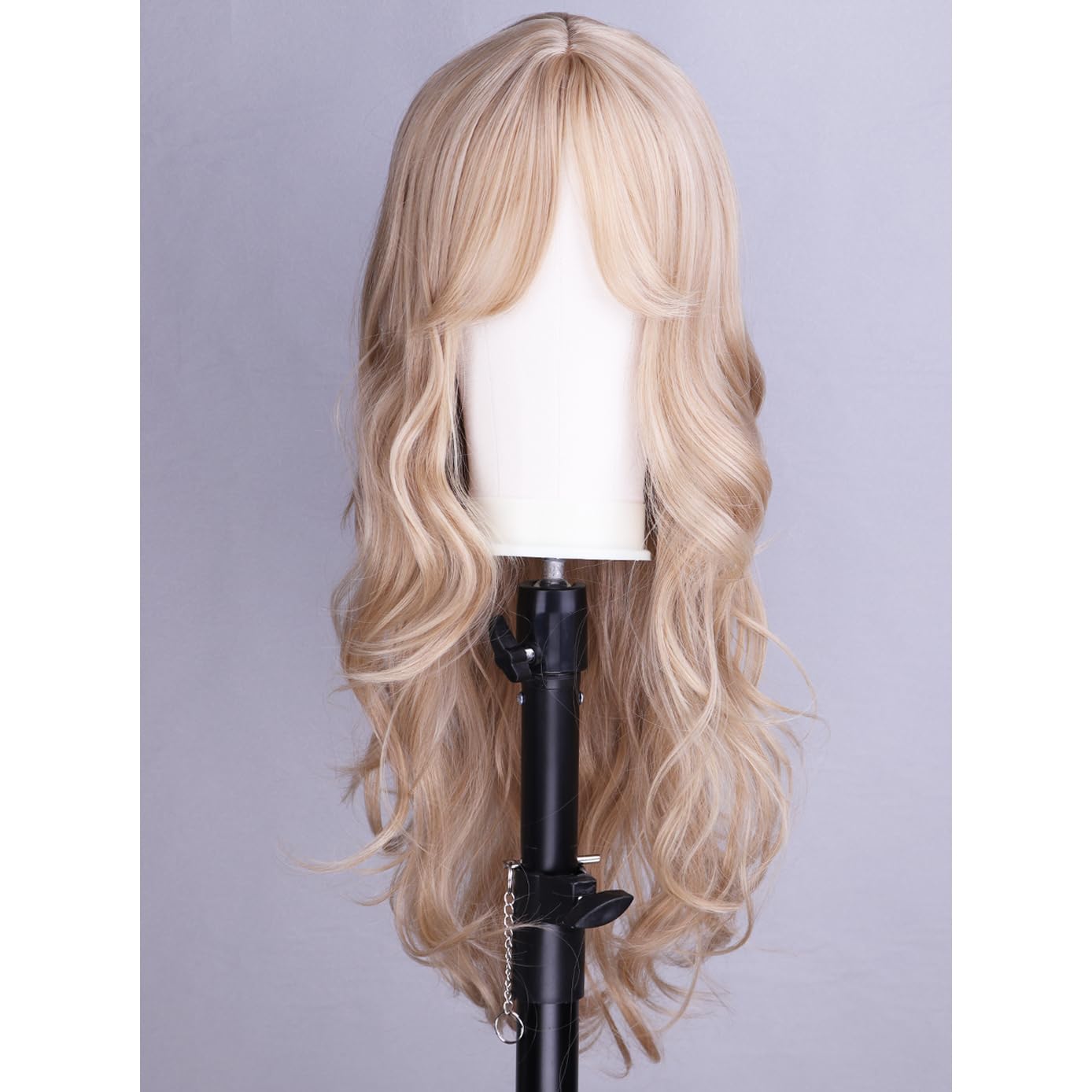 BERON Blonde Wigs Long Curly Wavy Women Wigs with Bangs Ash Blonde Curly Heat Resistant Synthetic Wigs for Daily Wigs Wig Cap Included