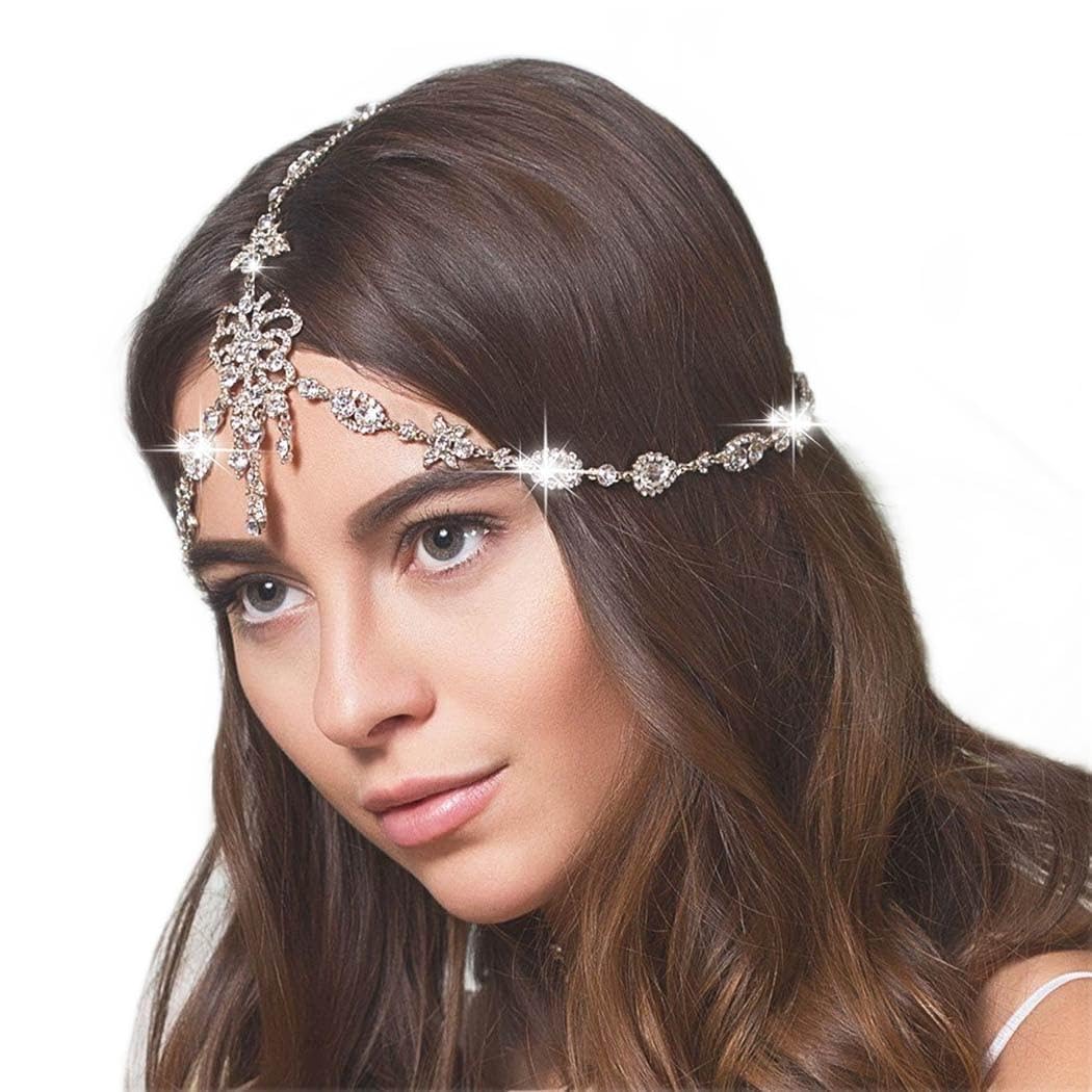 Jerany Rhinestone Head Chain Silver Wedding Headpieces Jewelry Brides Crystal Hair Chain Shiny Forehead Chain Halloween Festival Costume Head Jewelry for Women