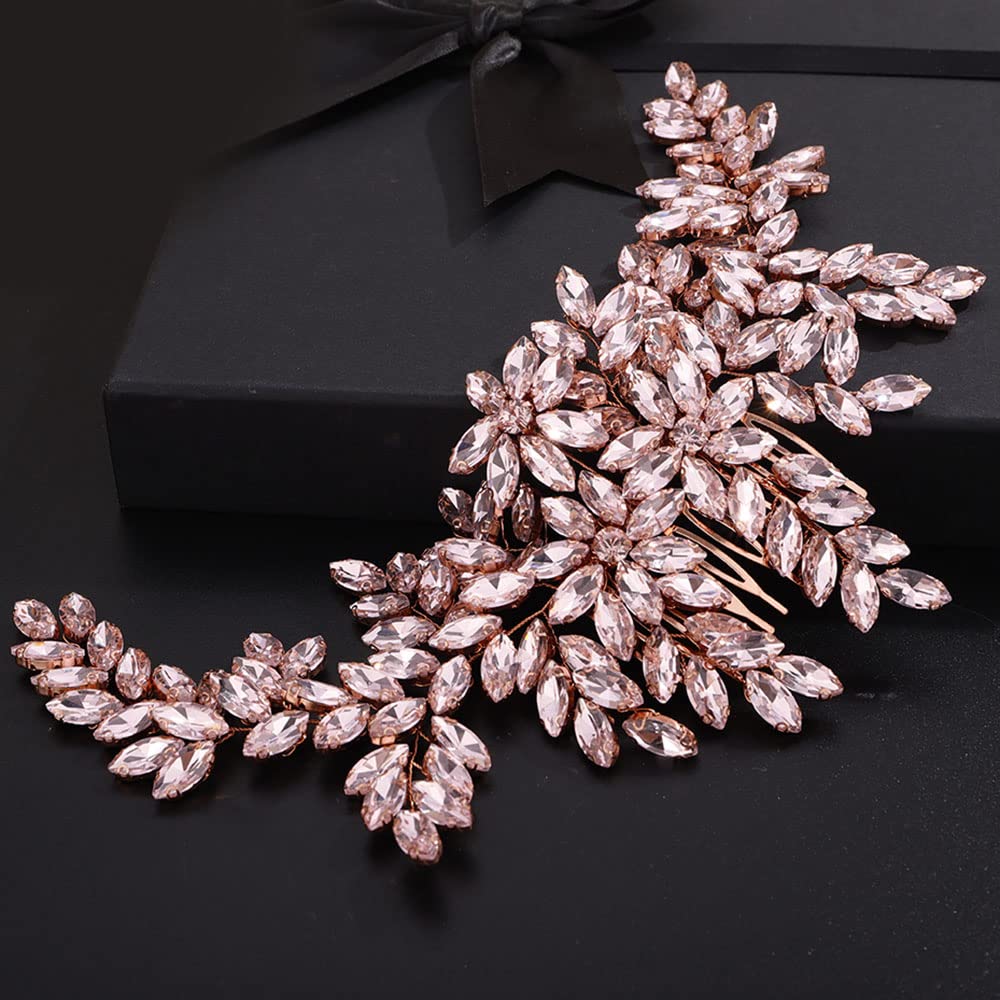 Teyglen Women Dainty Large Full Pink Rhinestones Flower Bride Wedding Hair Comb Headband Luxurious Hair Accessories Shiny Rhinestones Crystals Bridal Side Hair Combs for Women Bride Girls (Rose Gold-Pink Rhinestones)