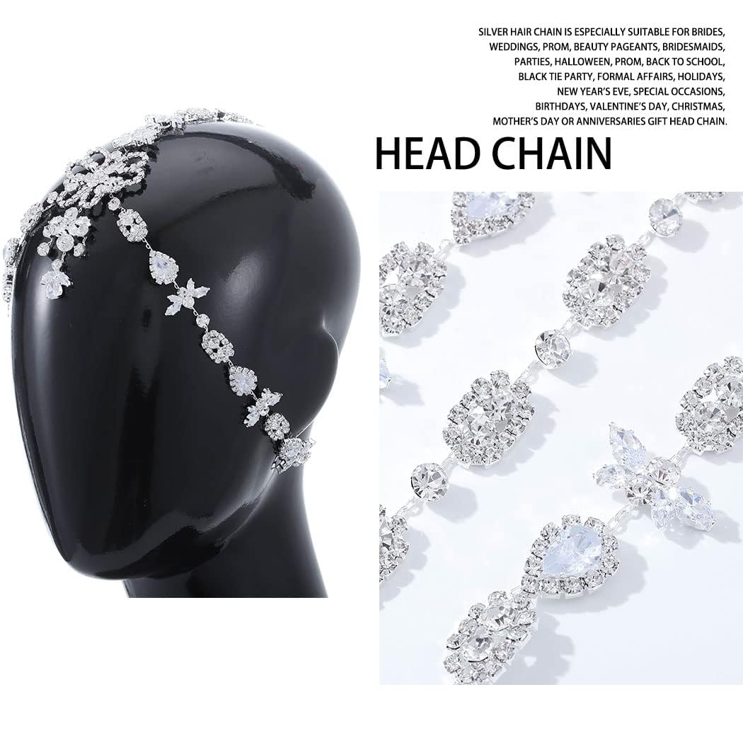 Jerany Rhinestone Head Chain Silver Wedding Headpieces Jewelry Brides Crystal Hair Chain Shiny Forehead Chain Halloween Festival Costume Head Jewelry for Women