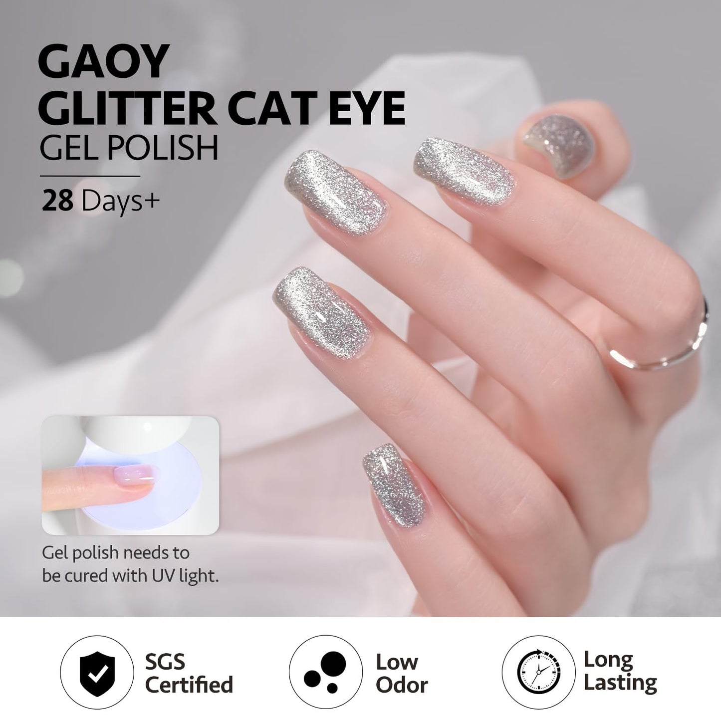 GAOY Platinum Cat Eye Gel Nail Polish, 16ml Silver Glitter Holographic Nail Polish with Magnet, Reflective Translucent UV Gel, 2230 Star Shower