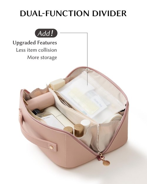 EACHY Travel Makeup Bag,Large Capacity Cosmetic Bags for Women,Waterproof Portable Pouch Open Flat Toiletry Bag Make up Bag with Divider and Handle