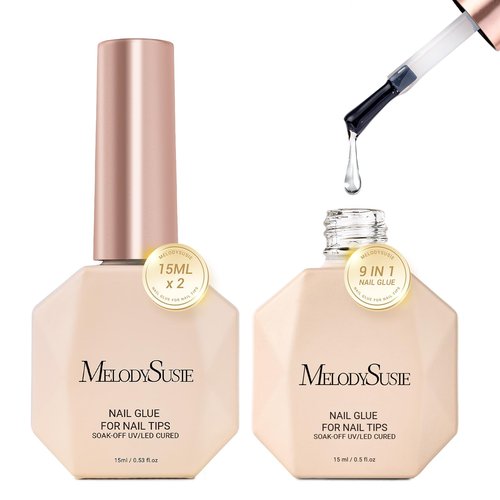 MelodySusie 9 in 1 No TPO Gel Nail Glue for False Nail Tips, Long Lasting UV Light Required,as Base Coat, Apex Building, Blooming & Rhinestone Gel, Stong Adhesion Manicure Kit Salon Home 2Pcs*15ml