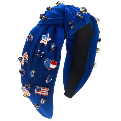 4th of July American Flag Star Charm Headband for Women Blue Crystal Top Knotted Blue Headband Patriotic American Map Heart Butterfly Charm Wide Hairband (14.7butterfly heart-blue)