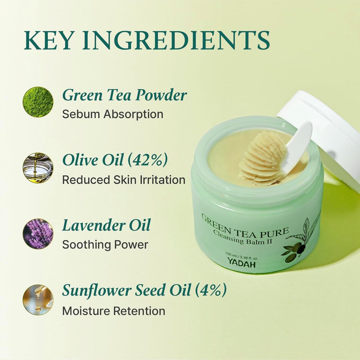 YADAH Green Tea Matcha Sorbet Cleansing Balm - Gentle Makeup Remover for Sensitive Skin | 3.38 fl oz, Vegan
