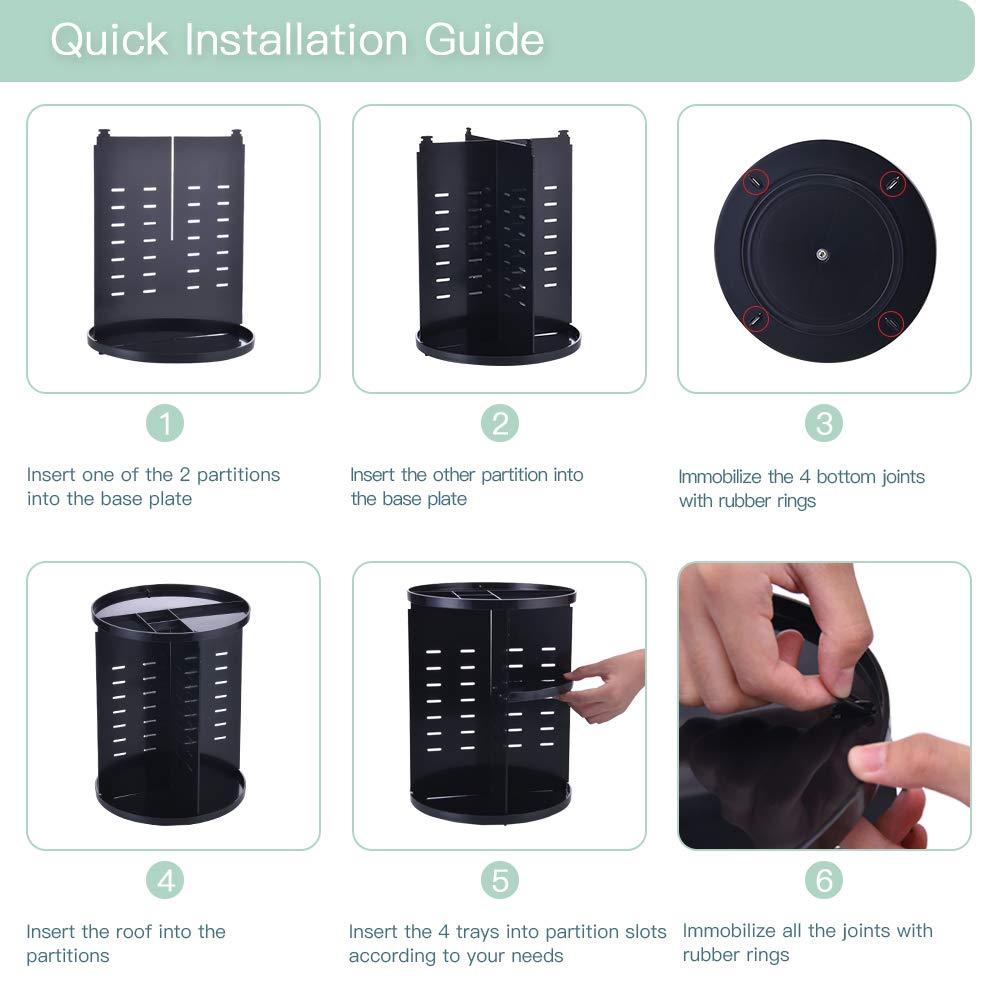seinlife 360 Rotating Makeup Organizer,DIY Adjustable Spinning Holder,Foldable Cosmetic Storage Display box,Large Capacity Make up Caddy Shelf,Fits Countertop Vanity and Bathroom (BLACK)