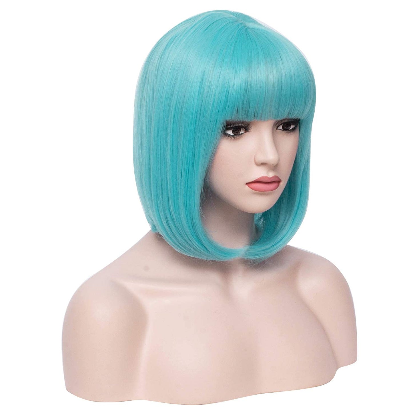 BERON 12 Inches Blue Bob Wig Short Straight Light Blue Wig with Bangs Teal Blue Wig for Women Halloween Cosplay or Daily Use Wigs (Light Blue)