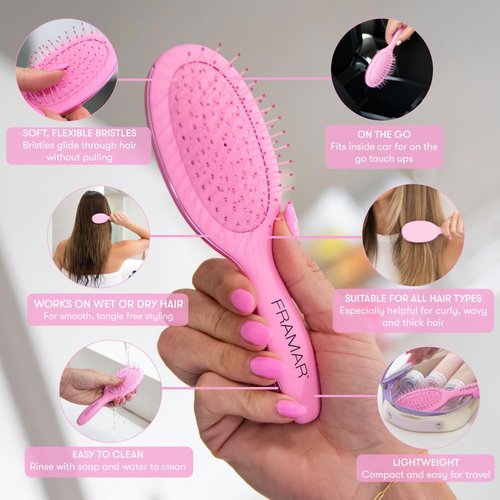 FRAMAR Mini Hair Brush Detangler - Compact Travel Brush Reducing Breakage for All Hair Types - Matte Pink