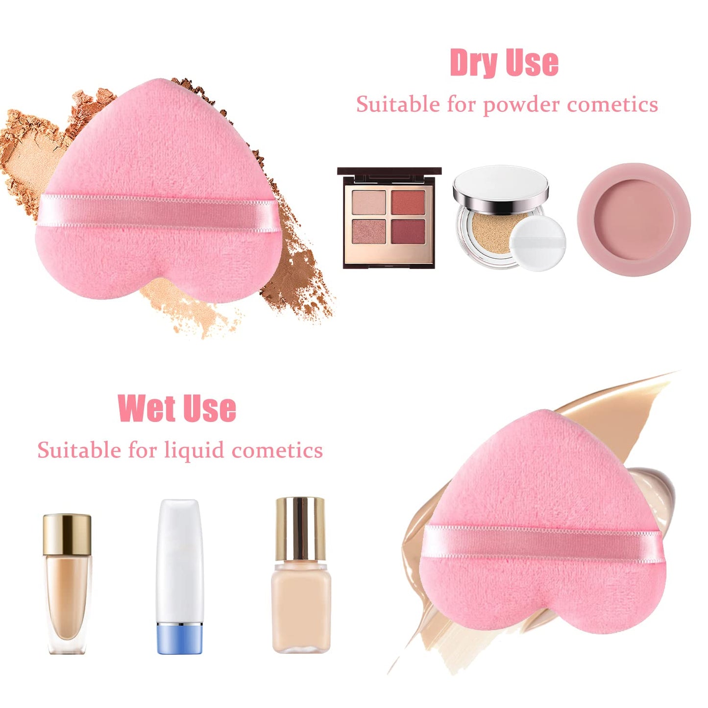 Skiennix Powder Puff Set - Soft Heart Shape Makeup Sponges for Loose & Mineral Powders | Pink, 6 Pieces