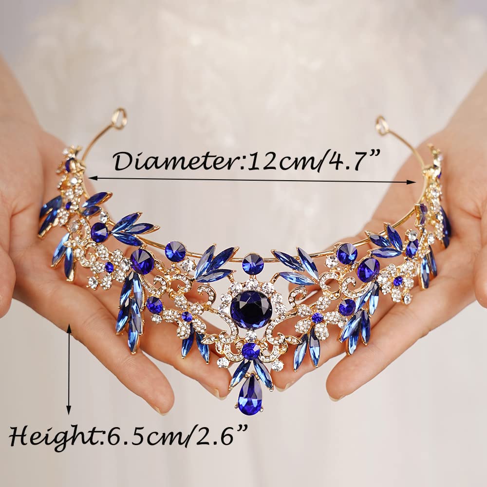 JWICOS Baroque Tiara Crown for Women Leaf Queen Crown Bridal Headpieces for Brides and Bridesmaid Royal Accessories for Birthday Prom Pageant Party Gift (Blue)