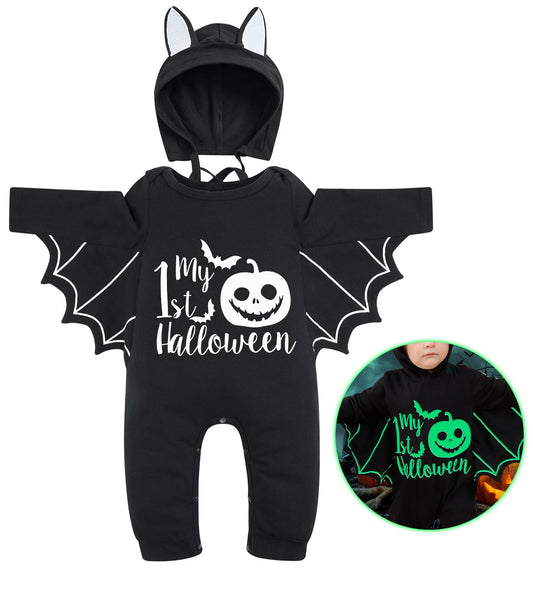 Goodstoworld Baby Halloween Rompers Boy Bat Newborn Gender Neutral Clothes with Hat Girl Glowing Black Bodysuit Stuff For Cosplsy Photography Party