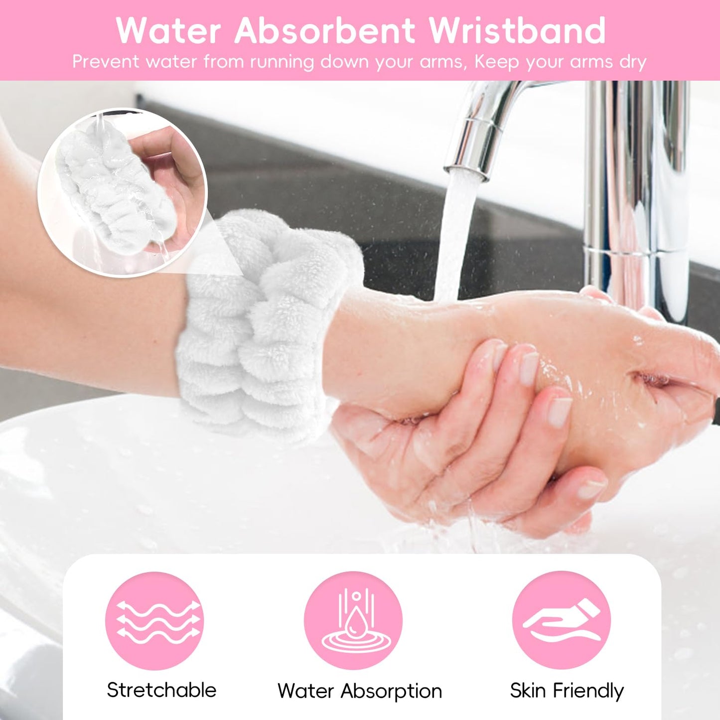 my novel things Spa Headband for Washing Face, Skincare headband and wristband set, Facial Cleansing Brush, 2-in-1 Skin Care face Brush, Come with a Hair Scrunchie, For Massaging Makeup Skincare-White