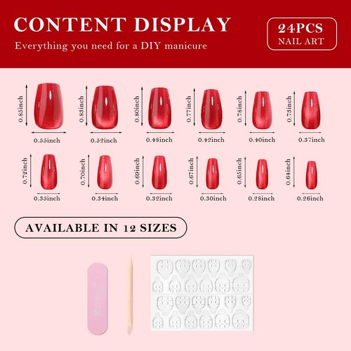 evpct Red Cat Eye Press on Nails Square Medium Coffin No Glue, Medium Square Stick on Nails for Women, Red Metallic Glitter Glossy Reusable Spring Summer Soft Press on Acrylic Fake Nail with Designs