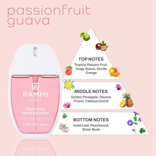 PAMMI Power Mist Hydrating Hand Sanitizer Spray, Portable Travel Size Pocket Hand Sanitizer, Scented Mini Spray For Car (2 Pack (Rose and Guava))