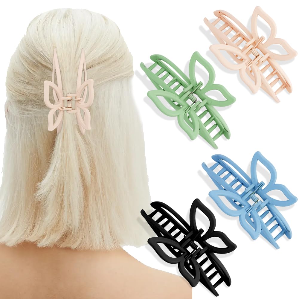 AHONEY Butterfly Hair Clips, 4Pcs Butterfly Claw Clips 4.3" for Women Girls, Non Slip Cute Hair Clips Matte Finish Hair Claws Hair Accessories