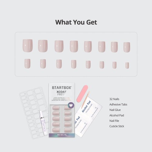 BTArtbox Press On Nails Square - Pastel Short Press On Nails with Glue for Women, Opaque Soft Gel Glue On Nails in 16 Sizes - 32 Stick On Nails Kit, Heeled Neutral