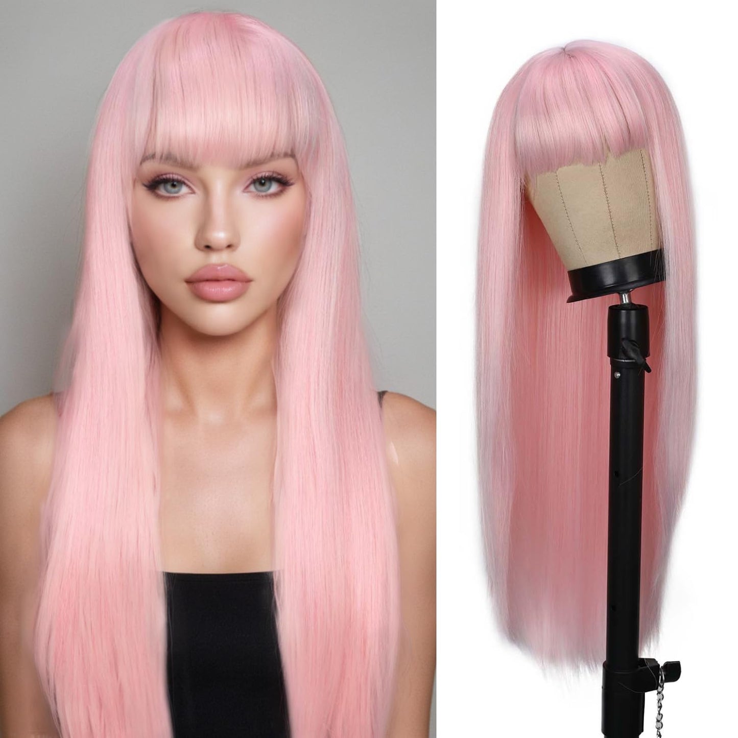 FANCEE Pastel Pink Wig with Bangs Long Straight Wig with Blunt Bangs for Women 26 Inch Synthetic Sakura Pink Wig with Layered Ends for Cosplay Halloween Party Daily Use