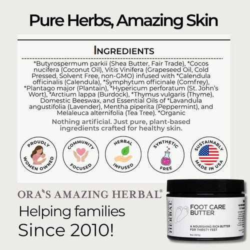 Ora's Amazing Herbal Foot Care Butter - Repair Cream for Dry Cracked Heels & Feet | Lavender & Tea Tree, 2 oz