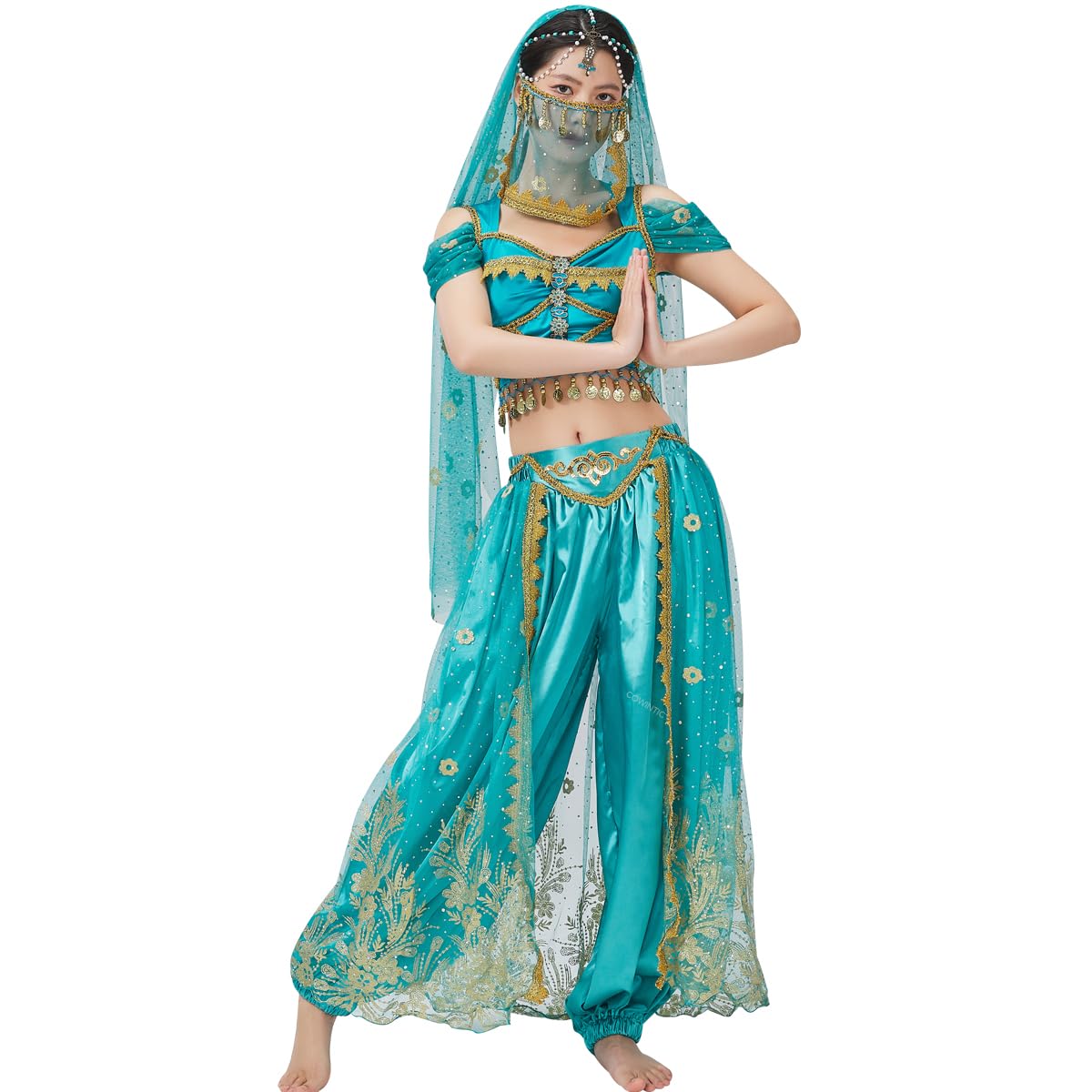 COWINTIC Belly Dance Princess Costume - Aladdin Jasmine Cosplay Outfits Halloween Party Teal Costumes for Women/Girls(Adult,XL)