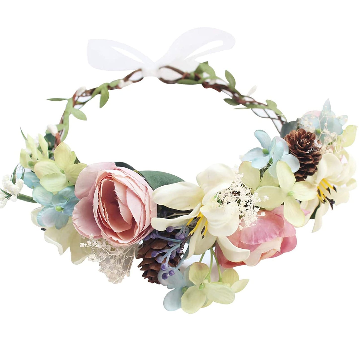 YnimioAOX Handmade Adjustable Flower Wreath Headband Halo Floral Crown Garland Headpiece,A18-pink/light green