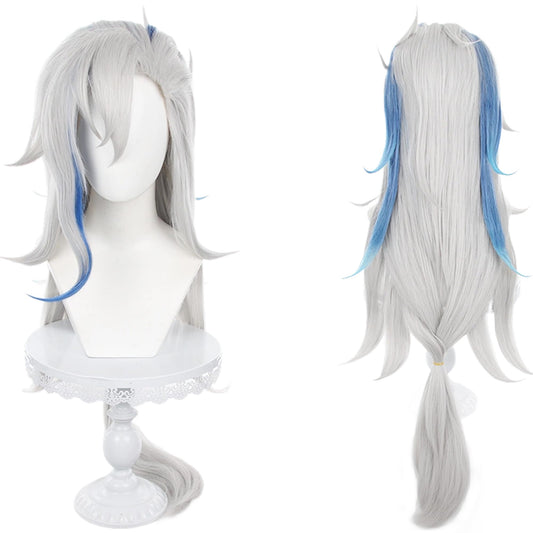 Neuvillette Wig Genshin Impact Fontaine Cosplay Wig Gray Mixed Blue long Ponytail hair with Free Wig Cap for Women Comic Con, Cosplay show, Halloween