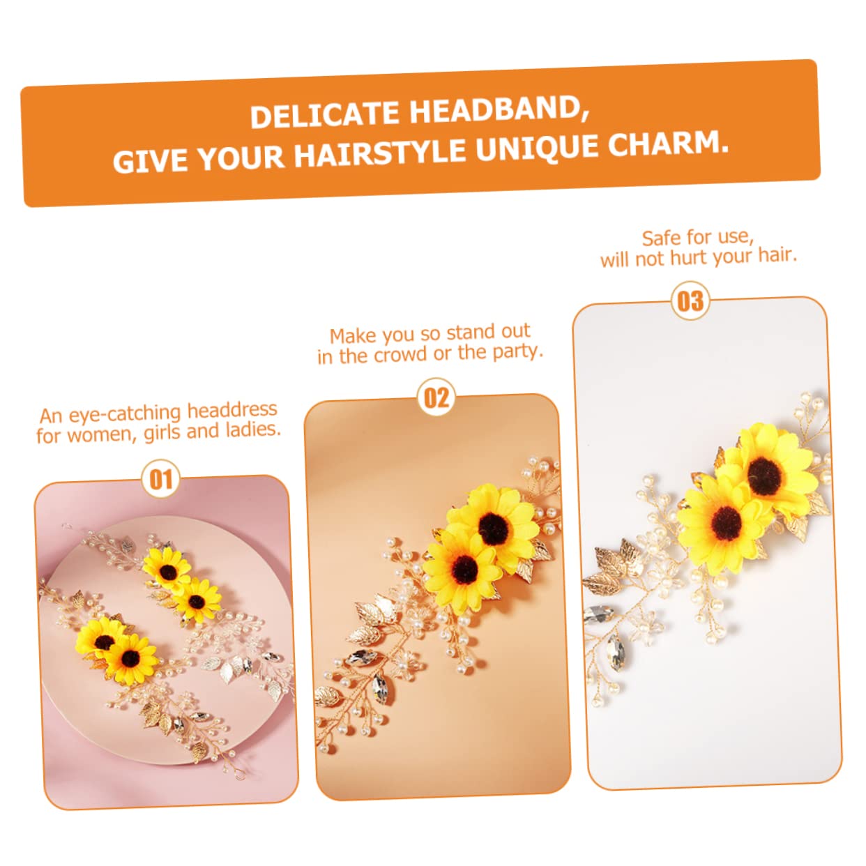 Beavorty 3pcs Sunflower Headbands - Holiday Hair Accessories and Headwear for Women, Delicate Floral Headpieces with Zircon Accents, Perfect for Weddings and Events