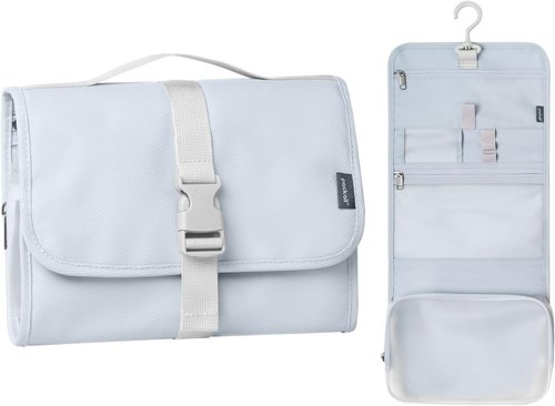 Pack All Hanging Travel Toiletry Bag - Foldable Cosmetic Organizer with Multiple Compartments | Water-Resistant Design (Light Blue)