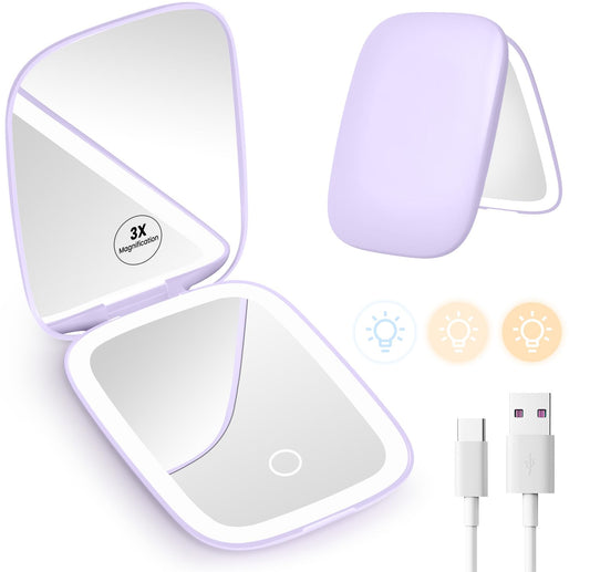 Rechargeable Travel Mirror with Lights 3 Color Modes,1X/3X Magnification Mini Led Compact Makeup Mirror for Purse, Travel Essentials Gifts Stocking Stuffers for Girls Women - Purple