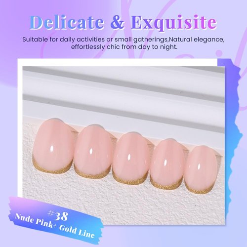 Evpct Nude Pink French Press-On Nails | Short Oval Design with Gold Foil Accents | Reusable Soft Gel Kit