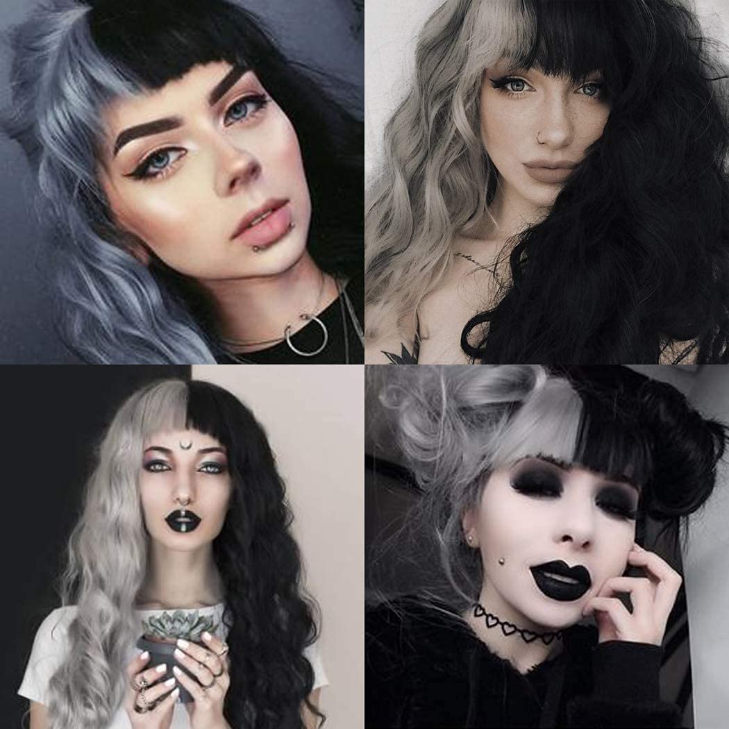 Baruisi Half Black Grey Wig With Bangs Long Curly Wavy Synthetic Heat Resistant Costume Cosplay Wigs for Women