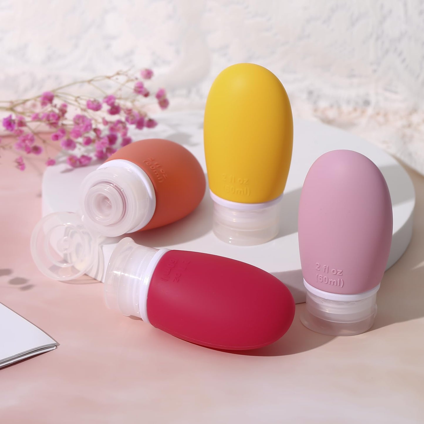 LIYUABU Leak Proof Silicone Travel Bottles,4 Pack 2oz Liquid Squeezable Refillable Portable Accessories/Cosmetic Containers,BPA Free,Travel Size Bottles for Toiletries Shampoo Conditioner Lotion