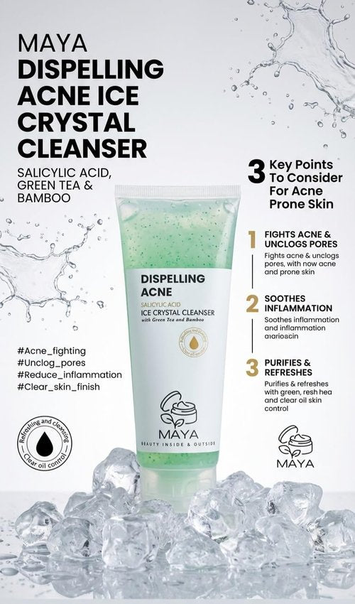 MAYA Ice Crystal Salicylic Acid Cleanser - 2% BHA Acne Face Wash with Green Tea & Bamboo | Exfoliating 120g